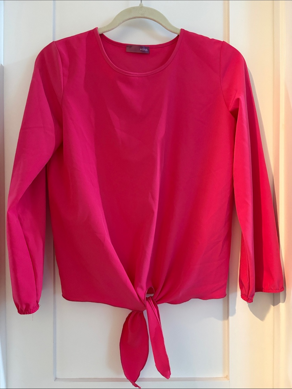 Aqua Bright Pink Long-Sleeve Tie-Front Blouse